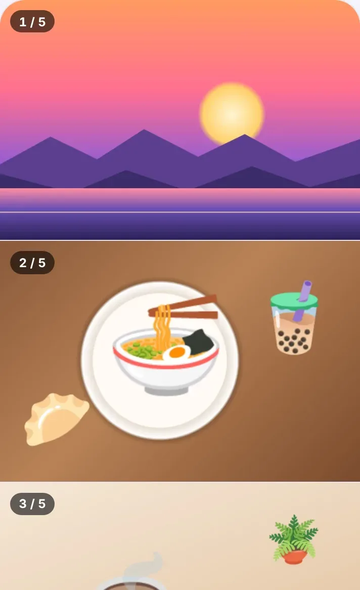 手機上打開的連結:第 1 張是夕陽、第 2 張是牛肉湯麵,左上角標著 1 / 5、2 / 5