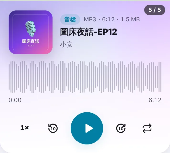 同一條連結裡的第 5 個檔案是一集 Podcast,有封面、波形和播放鍵,右上角標著 5 / 5
